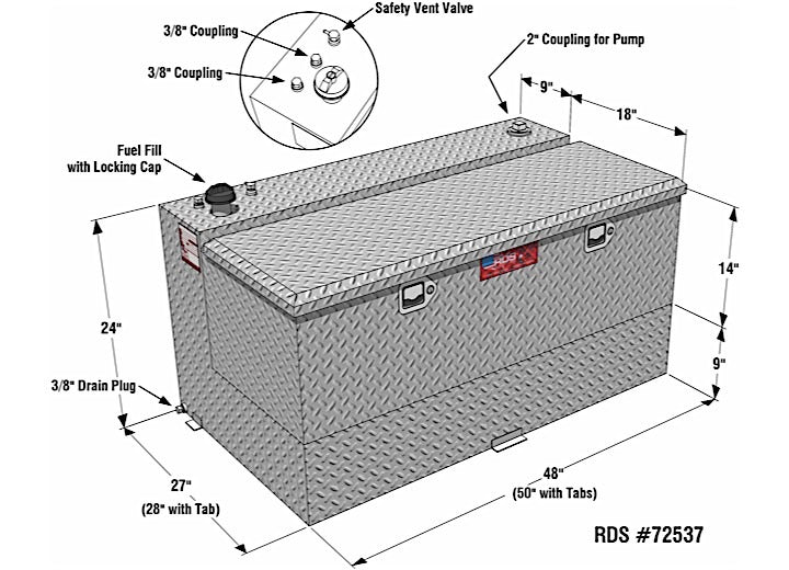 RDS 75 Gallon L Shaped Transfer Tank & Toolbox Combo Bright Aluminum 48X27X24 (72537)